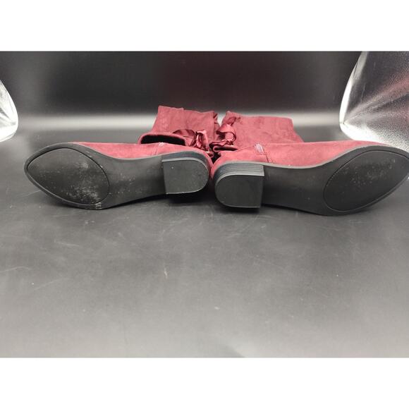 Women’s Burgundy Over-the-Knee Boots Size 8.5 Suede-Look Zip Tie Back Block Heel - Picture 5 of 9